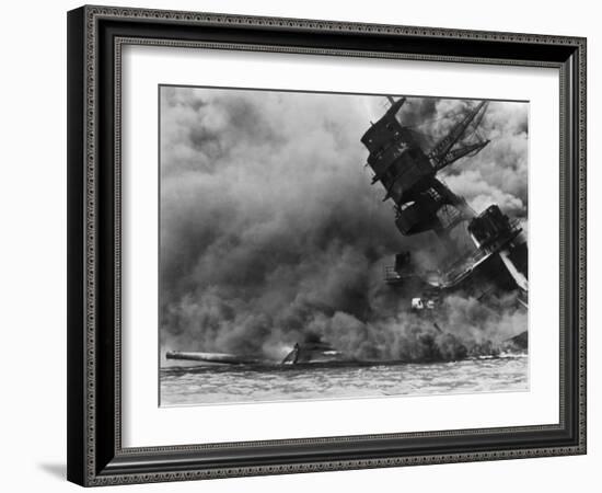 The USS Arizona Burning after the Japanese Attack on Pearl Harbor, Dec. 7, 1941-null-Framed Photographic Print