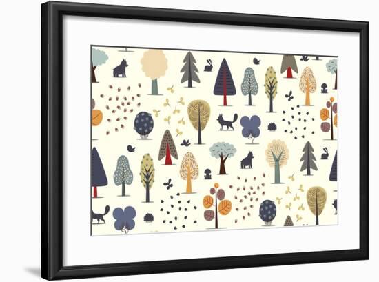 The Vector Illustrated Seamless Pattern of Flat Forest Elements - Various Trees, Wild Animals and S-Airibis-Framed Art Print