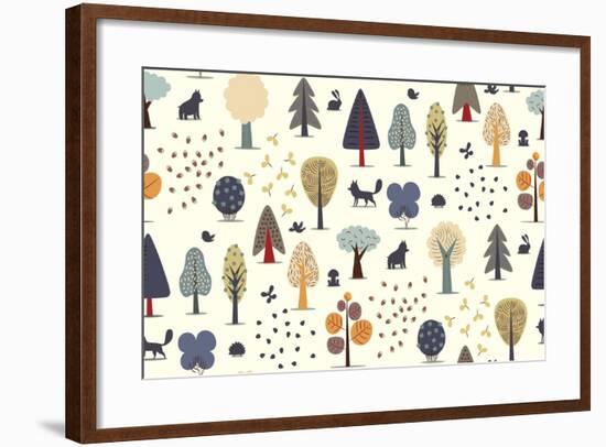 The Vector Illustrated Seamless Pattern of Flat Forest Elements - Various Trees, Wild Animals and S-Airibis-Framed Art Print