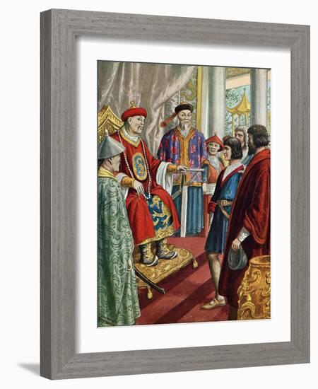 The Venetian Navigator Marco Polo (1254-1324) in Front of the Great Qubilai (Kubilai Khan), First E-Tancredi Scarpelli-Framed Giclee Print