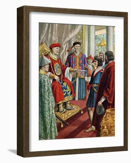 The Venetian Navigator Marco Polo (1254-1324) in Front of the Great Qubilai (Kubilai Khan), First E-Tancredi Scarpelli-Framed Giclee Print