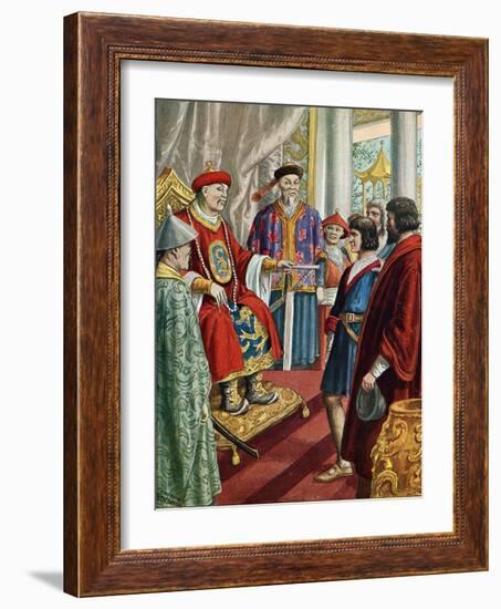 The Venetian Navigator Marco Polo (1254-1324) in Front of the Great Qubilai (Kubilai Khan), First E-Tancredi Scarpelli-Framed Giclee Print