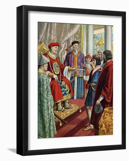 The Venetian Navigator Marco Polo (1254-1324) in Front of the Great Qubilai (Kubilai Khan), First E-Tancredi Scarpelli-Framed Giclee Print