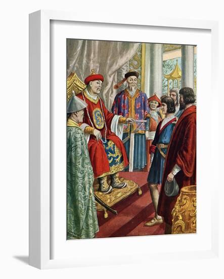 The Venetian Navigator Marco Polo (1254-1324) in Front of the Great Qubilai (Kubilai Khan), First E-Tancredi Scarpelli-Framed Giclee Print