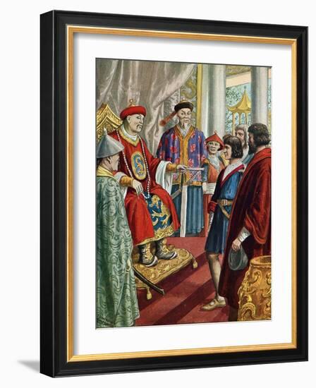 The Venetian Navigator Marco Polo (1254-1324) in Front of the Great Qubilai (Kubilai Khan), First E-Tancredi Scarpelli-Framed Giclee Print