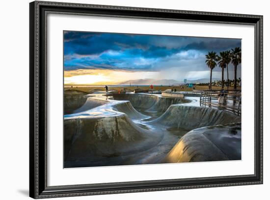 The Venice Skate Park at Sunset, in Venice Beach, Los Angeles, California.-Jon Bilous-Framed Photographic Print