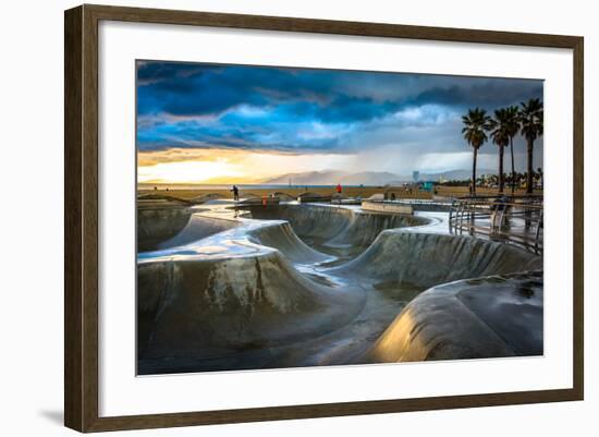 The Venice Skate Park at Sunset, in Venice Beach, Los Angeles, California.-Jon Bilous-Framed Photographic Print