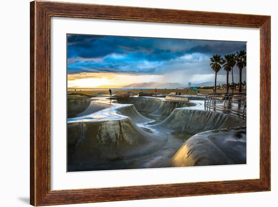 The Venice Skate Park at Sunset, in Venice Beach, Los Angeles, California.-Jon Bilous-Framed Photographic Print