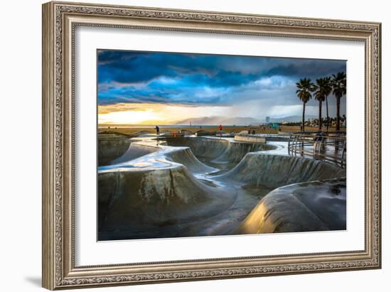 The Venice Skate Park at Sunset, in Venice Beach, Los Angeles, California.-Jon Bilous-Framed Photographic Print