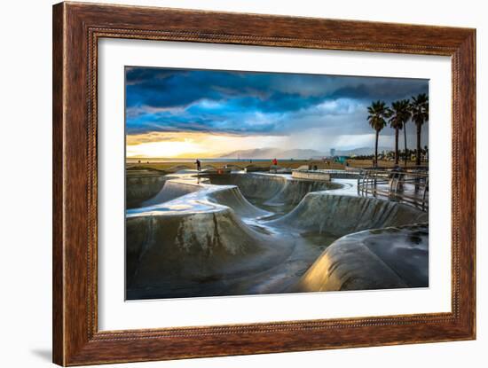 The Venice Skate Park at Sunset, in Venice Beach, Los Angeles, California.-Jon Bilous-Framed Photographic Print