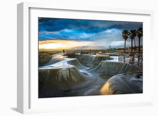 The Venice Skate Park at Sunset, in Venice Beach, Los Angeles, California.-Jon Bilous-Framed Photographic Print