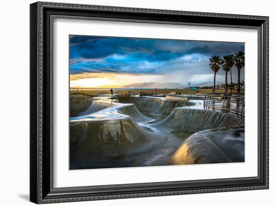 The Venice Skate Park at Sunset, in Venice Beach, Los Angeles, California.-Jon Bilous-Framed Photographic Print