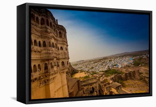 The View from the Main Courtyard of Mehrangarh Fort Towering over the Blue Rooftops in Jodhpur-Laura Grier-Framed Premier Image Canvas