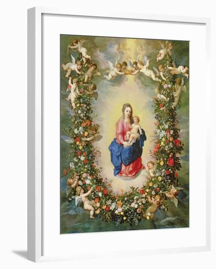 The Virgin and Child Encircled by a Garland of Flowers Held Aloft by Cherubs, C.1624-Jan Brueghel and Hendrik van Balen-Framed Giclee Print