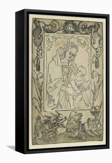 The Virgin and Child Surrounded by a Border with a Hunter and Some Rabbits (Woodcut-Hans Sebald Beham-Framed Premier Image Canvas