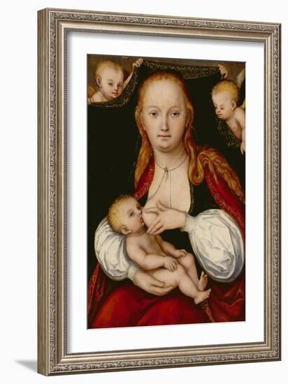 The Virgin and Child, with Putti Holding Up a Curtain Behind-Lucas Cranach the Elder-Framed Giclee Print