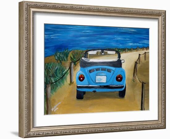 The VW Bug Series - The Blue Volkswagen Bug at the Beach-Martina Bleichner-Framed Art Print