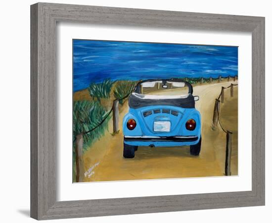 The VW Bug Series - The Blue Volkswagen Bug at the Beach-Martina Bleichner-Framed Art Print
