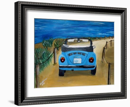 The VW Bug Series - The Blue Volkswagen Bug at the Beach-Martina Bleichner-Framed Art Print