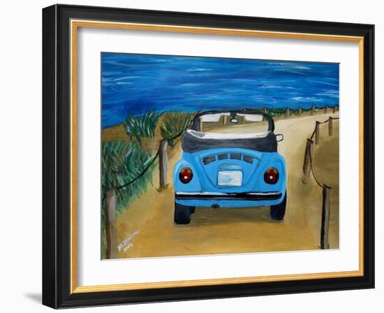 The VW Bug Series - The Blue Volkswagen Bug at the Beach-Martina Bleichner-Framed Art Print