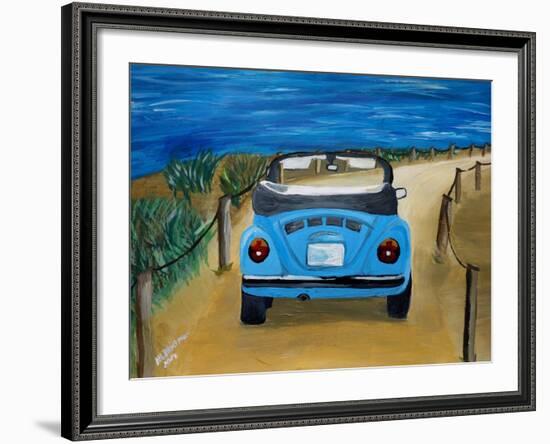 The VW Bug Series - The Blue Volkswagen Bug at the Beach-Martina Bleichner-Framed Art Print