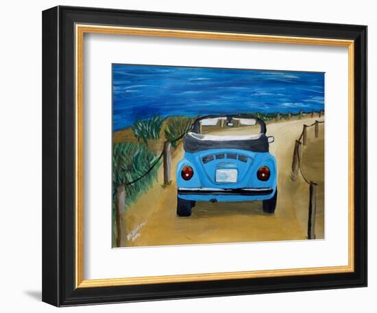 The VW Bug Series - The Blue Volkswagen Bug at the Beach-Martina Bleichner-Framed Art Print