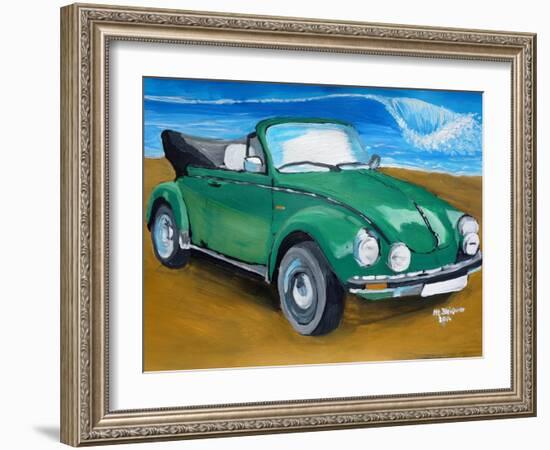 The VW Bug Series - The Green Volkswagen Bug at the the Beach-Martina Bleichner-Framed Art Print