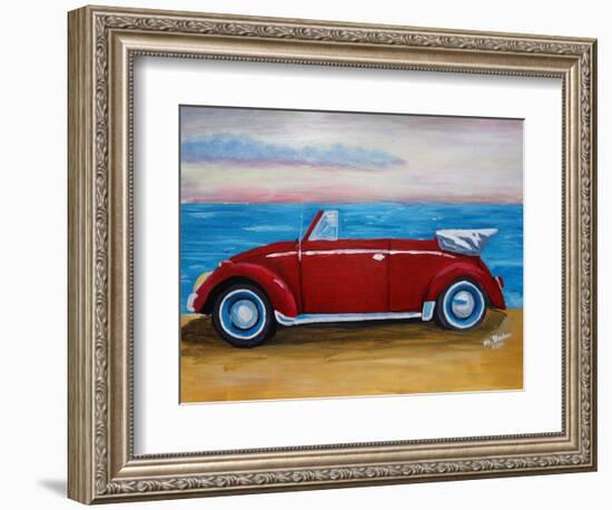 The VW Bug Series - The Red Volkswagen Bug at the beach-Martina Bleichner-Framed Art Print