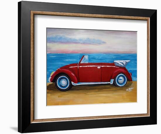 The VW Bug Series - The Red Volkswagen Bug at the beach-Martina Bleichner-Framed Art Print