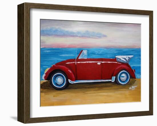 The VW Bug Series - The Red Volkswagen Bug at the beach-Martina Bleichner-Framed Art Print