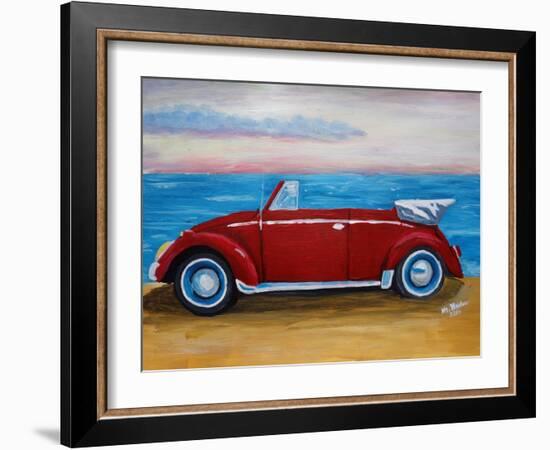 The VW Bug Series - The Red Volkswagen Bug at the beach-Martina Bleichner-Framed Art Print