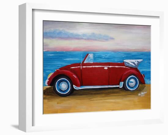 The VW Bug Series - The Red Volkswagen Bug at the beach-Martina Bleichner-Framed Art Print