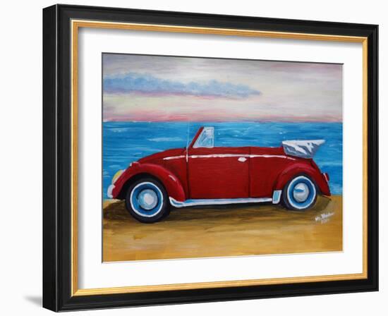 The VW Bug Series - The Red Volkswagen Bug at the beach-Martina Bleichner-Framed Art Print