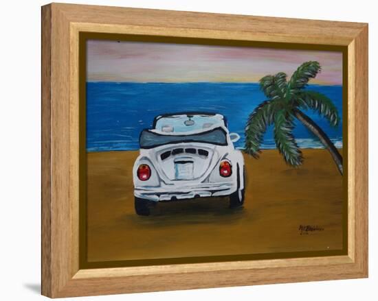 The VW Bug Series - The White Volkswagen Bug at the Beach-Martina Bleichner-Framed Stretched Canvas