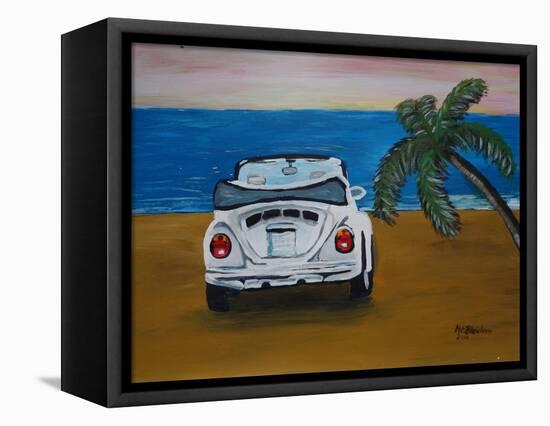 The VW Bug Series - The White Volkswagen Bug at the Beach-Martina Bleichner-Framed Stretched Canvas