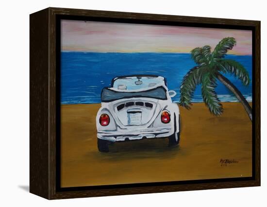 The VW Bug Series - The White Volkswagen Bug at the Beach-Martina Bleichner-Framed Stretched Canvas