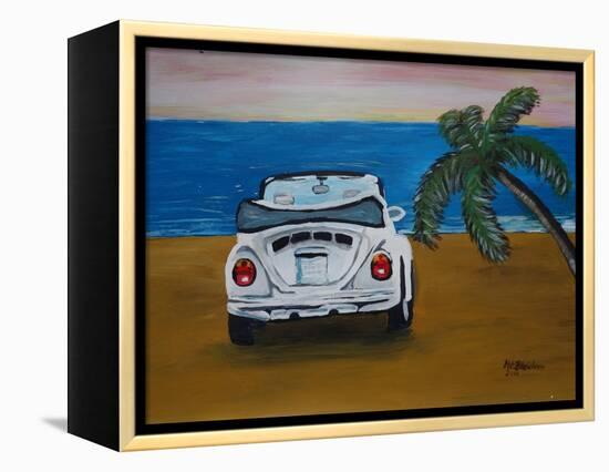 The VW Bug Series - The White Volkswagen Bug at the Beach-Martina Bleichner-Framed Stretched Canvas