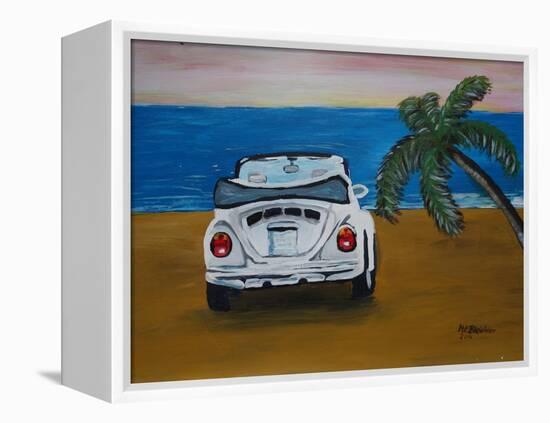 The VW Bug Series - The White Volkswagen Bug at the Beach-Martina Bleichner-Framed Stretched Canvas