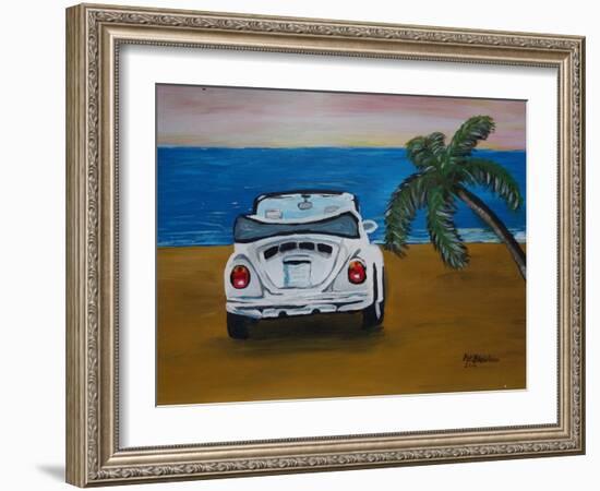 The VW Bug Series - The White Volkswagen Bug at the Beach-Martina Bleichner-Framed Art Print