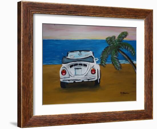 The VW Bug Series - The White Volkswagen Bug at the Beach-Martina Bleichner-Framed Art Print