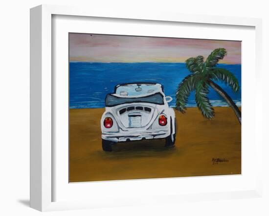 The VW Bug Series - The White Volkswagen Bug at the Beach-Martina Bleichner-Framed Art Print