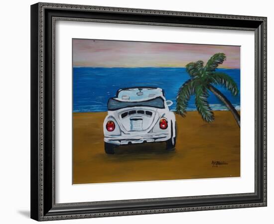 The VW Bug Series - The White Volkswagen Bug at the Beach-Martina Bleichner-Framed Art Print