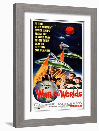 The War of the Worlds, Bottom from Left: Gene Barry, Ann Robinson on 1965 Poster Art, 1953-null-Framed Premium Giclee Print