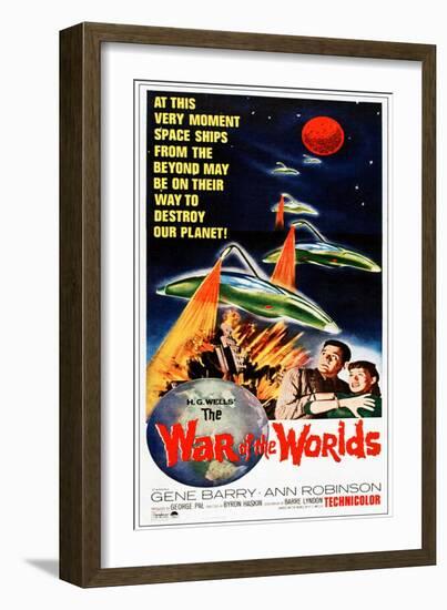 The War of the Worlds, Bottom from Left: Gene Barry, Ann Robinson on 1965 Poster Art, 1953-null-Framed Premium Giclee Print