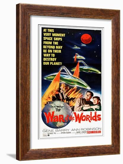 The War of the Worlds, Bottom from Left: Gene Barry, Ann Robinson on 1965 Poster Art, 1953-null-Framed Premium Giclee Print