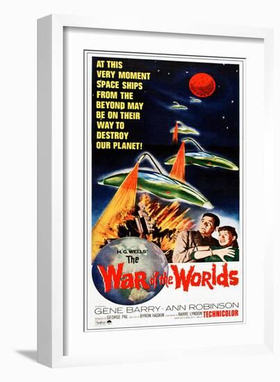 The War of the Worlds, Bottom from Left: Gene Barry, Ann Robinson on 1965 Poster Art, 1953-null-Framed Premium Giclee Print