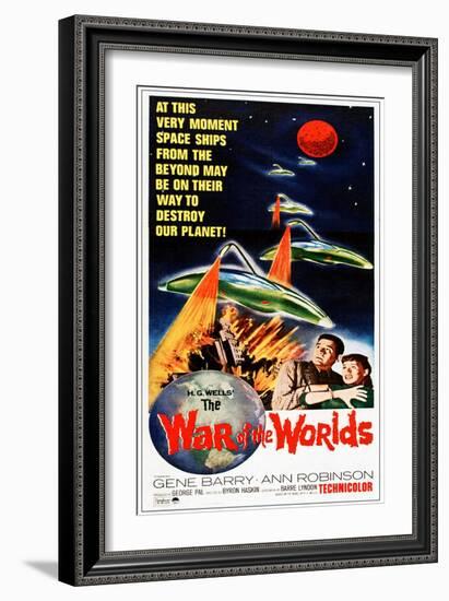 The War of the Worlds, Bottom from Left: Gene Barry, Ann Robinson on 1965 Poster Art, 1953-null-Framed Premium Giclee Print