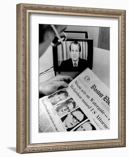 The Watergate Scandal Takes over the Front Page and the TV Screen-null-Framed Photo