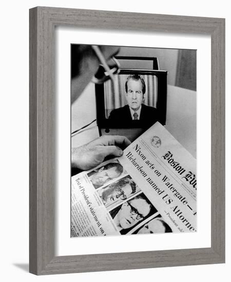 The Watergate Scandal Takes over the Front Page and the TV Screen-null-Framed Photo