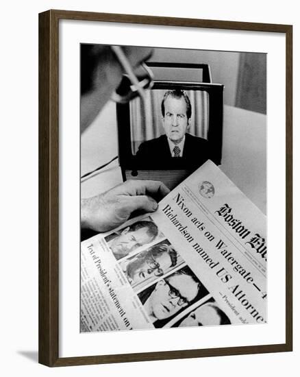 The Watergate Scandal Takes over the Front Page and the TV Screen-null-Framed Photo